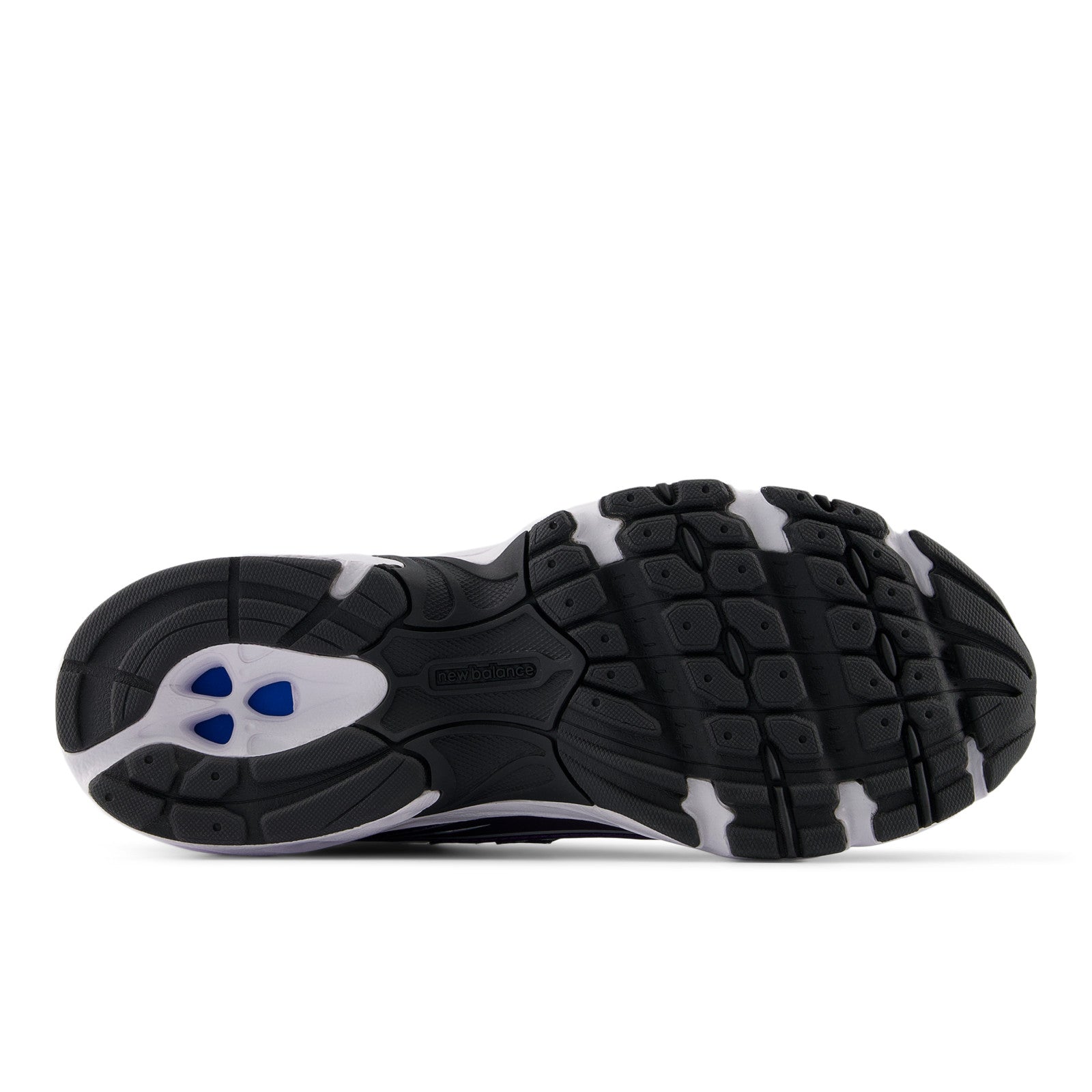 new balance sneaker outsole black and white with blue accents, footwear detail