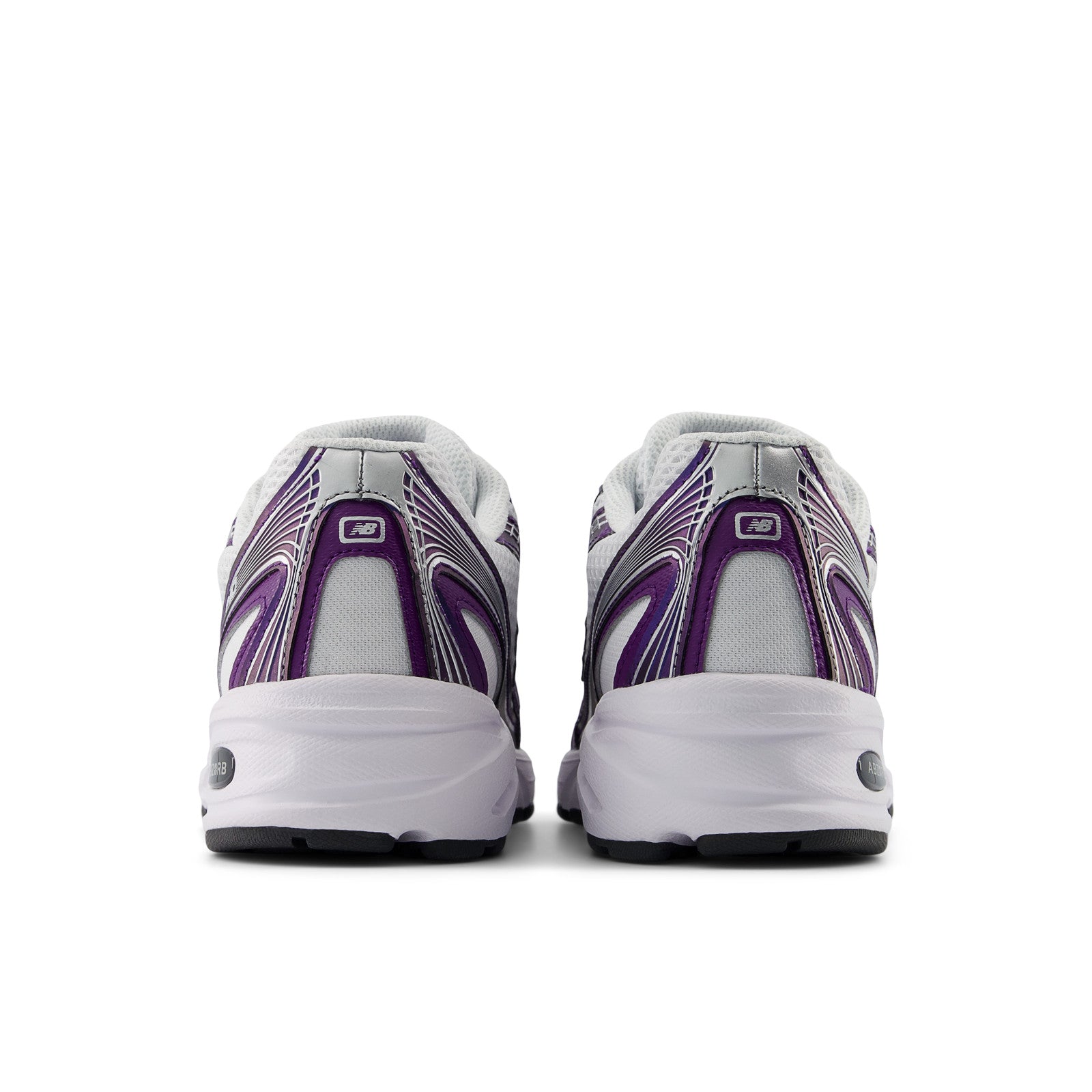 Rear view of white and purple New Balance sneakers, athletic footwear, mesh and synthetic details