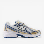 new balance sneaker white mesh with blue and gold accents, athletic footwear side view