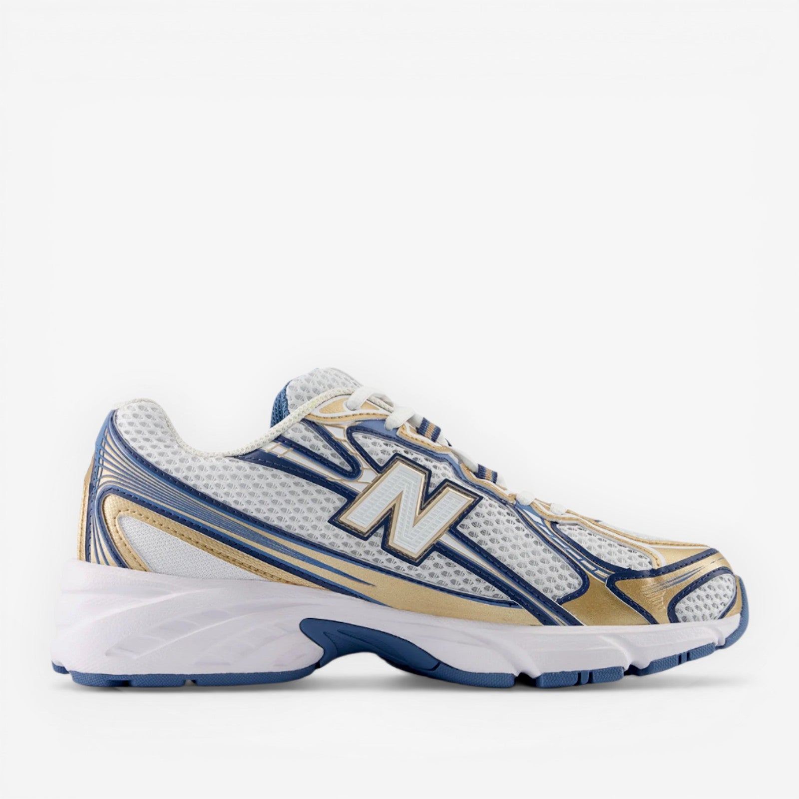 new balance sneaker white mesh with blue and gold accents, athletic footwear side view
