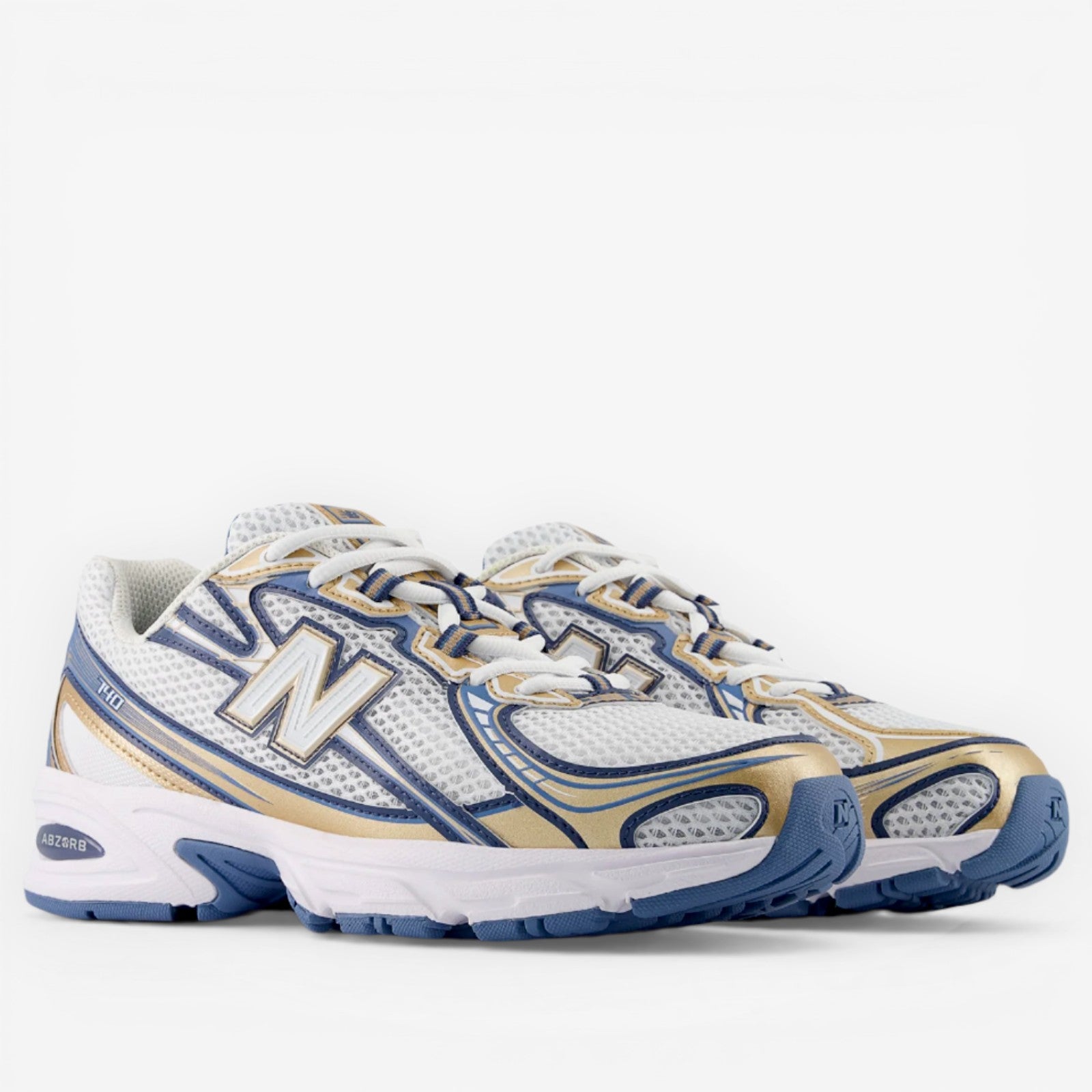New Balance sneakers white mesh with blue and gold accents, athletic footwear