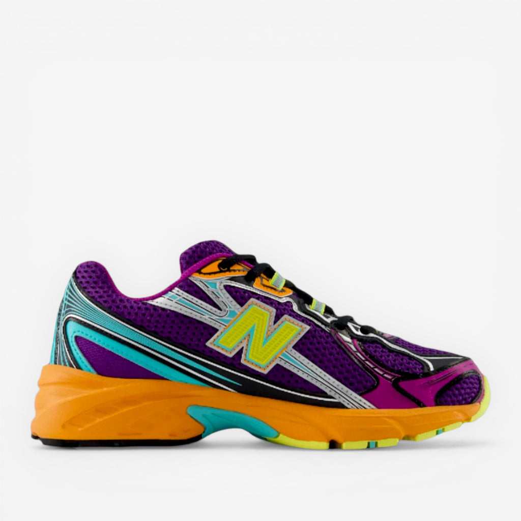 New Balance sneaker with purple mesh, yellow sole, teal and black accents, side view