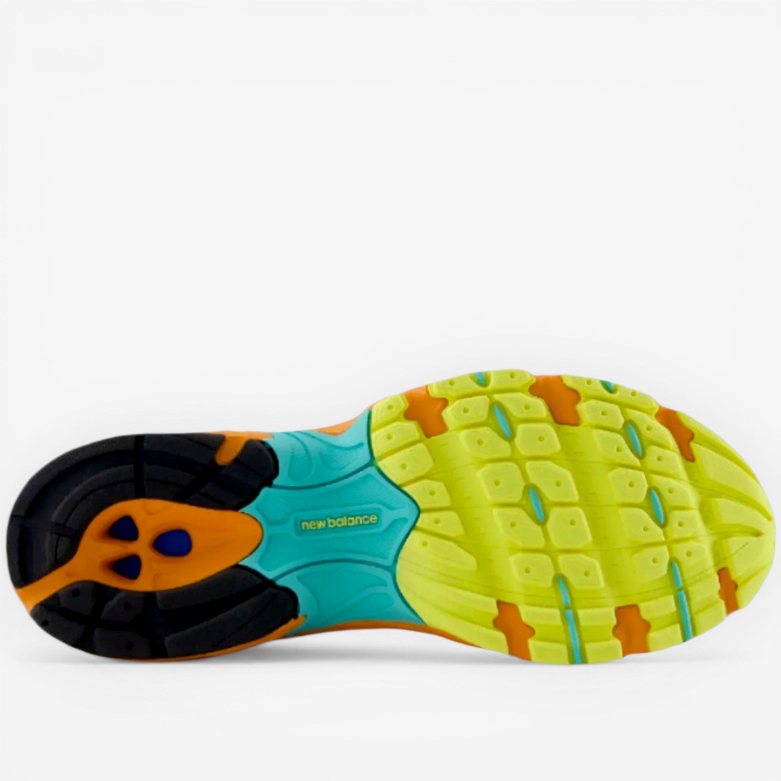 new balance sneaker sole, vibrant yellow and blue, sports footwear detail