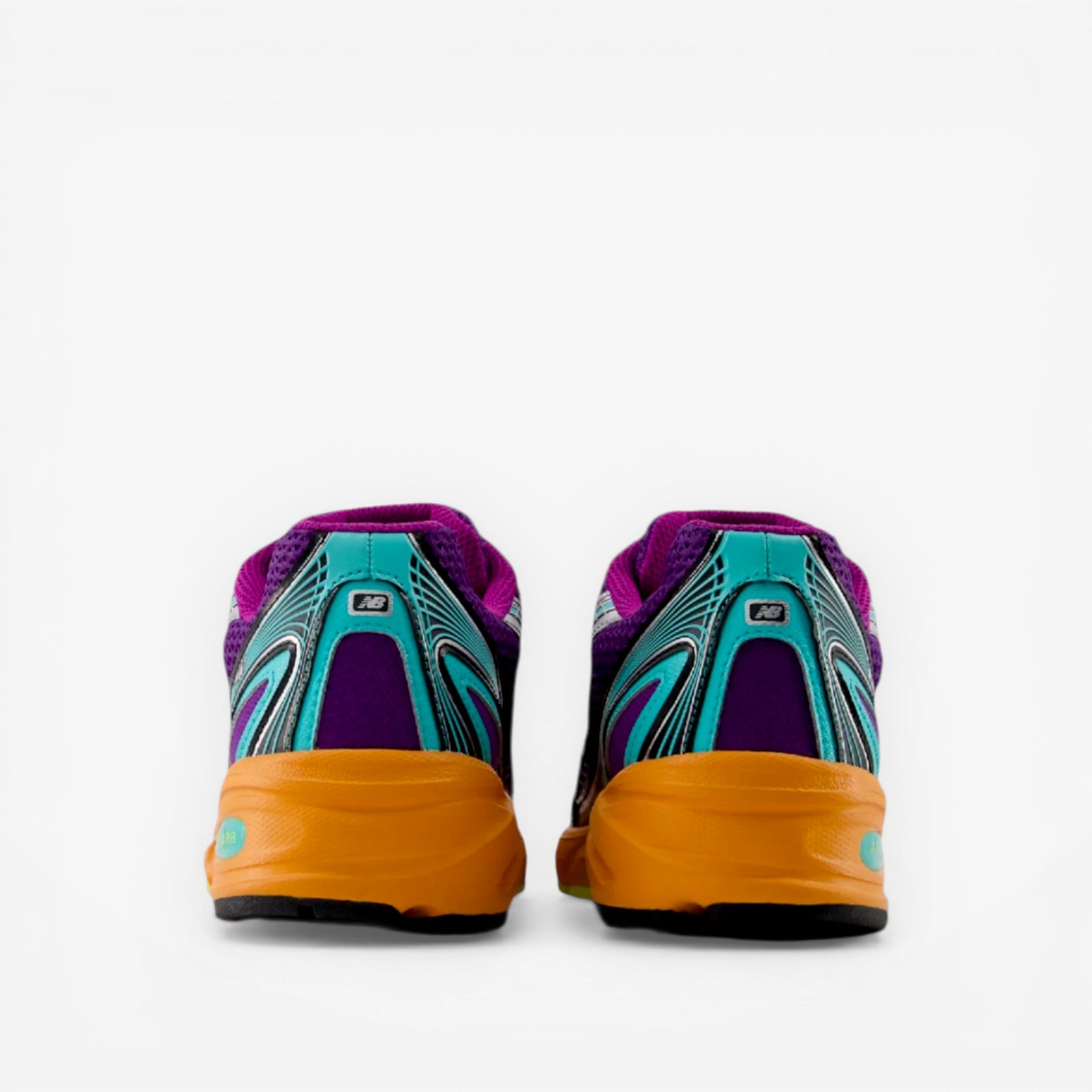 new balance sneakers rear view, purple, teal, orange accents, athletic footwear