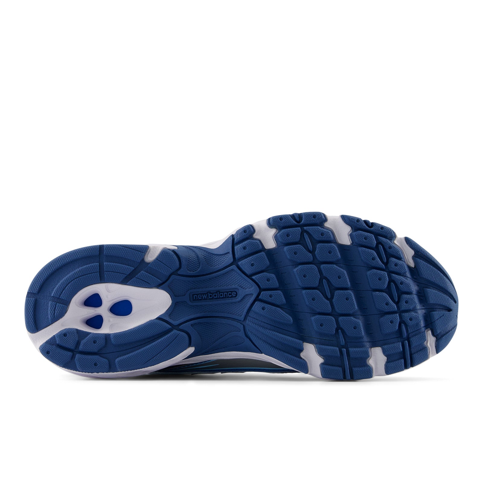 New Balance sneaker outsole in blue and white, athletic footwear with textured grip.