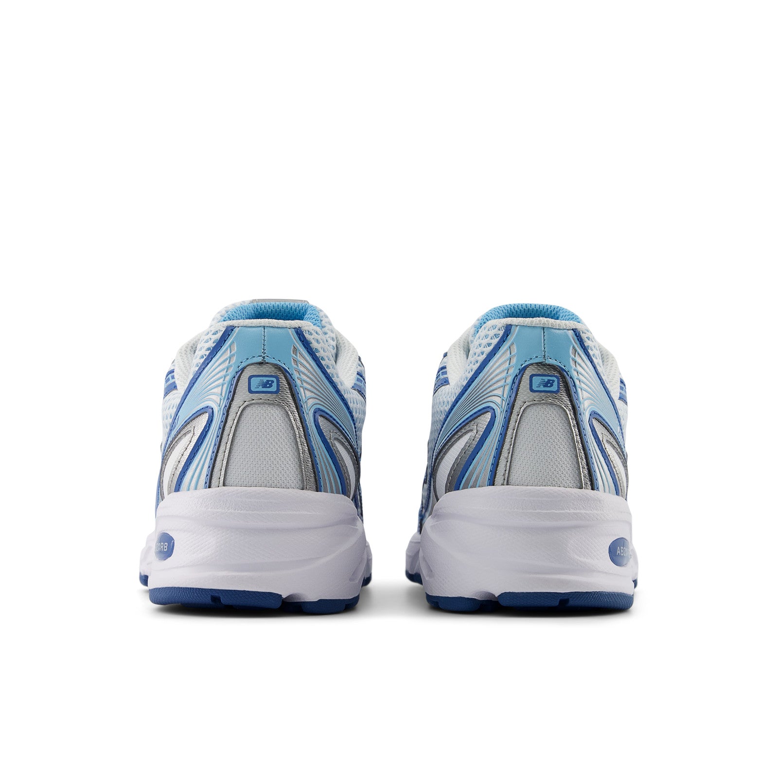 Rear view of blue and white New Balance sneakers, athletic footwear, mesh and synthetic design