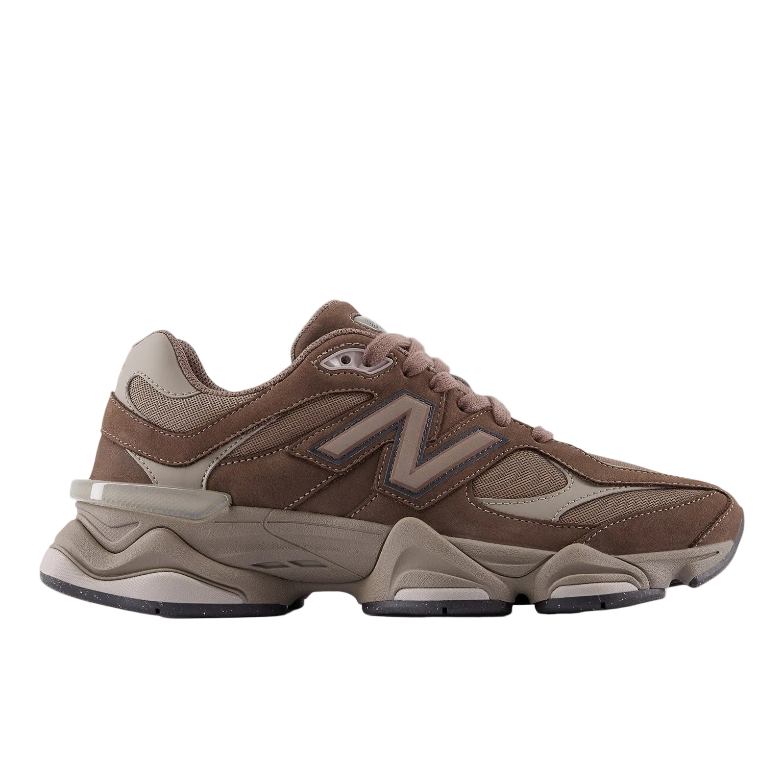 New Balance brown suede sneaker with chunky sole, lifestyle footwear product photo