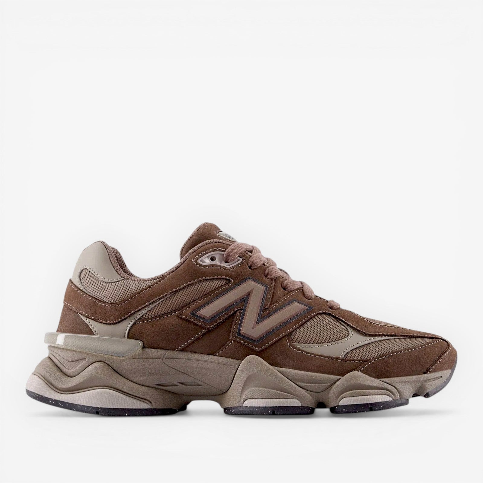 New Balance brown suede sneaker with chunky sole, lifestyle footwear product photo