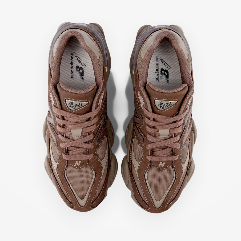 Brown New Balance 9060 sneakers top view, mesh and suede athletic footwear