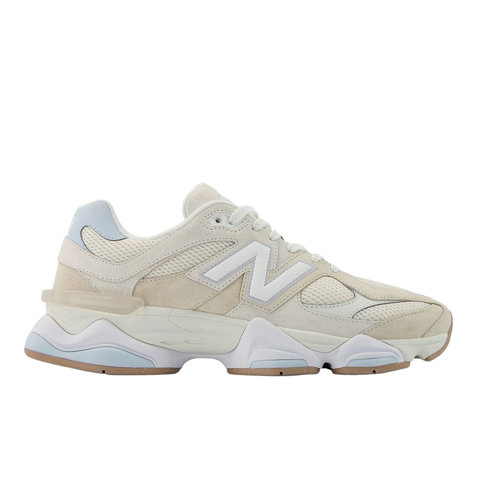 Cream and white New Balance sneaker with mesh and suede details, athletic footwear