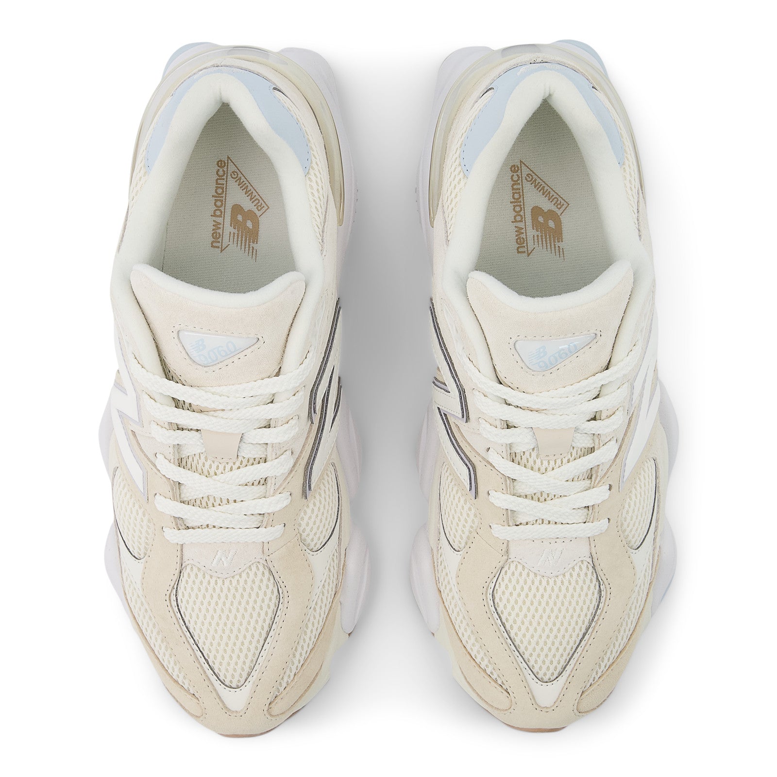 New Balance cream mesh sneakers with white laces, top view of footwear
