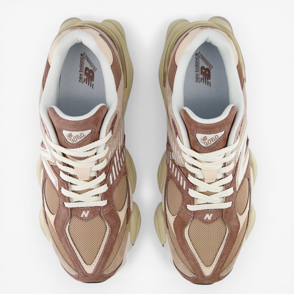new balance sneakers in beige and tan with mesh and suede panels, top view