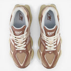 new balance sneakers in beige and tan with mesh and suede panels, top view