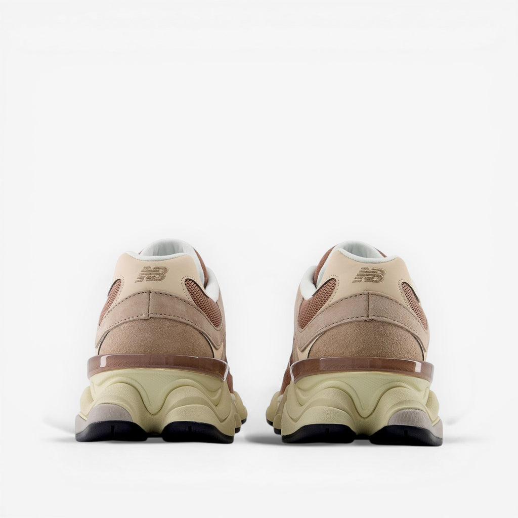 Tan and beige New Balance sneakers rear view, chunky sole, footwear, sneakers, fashion