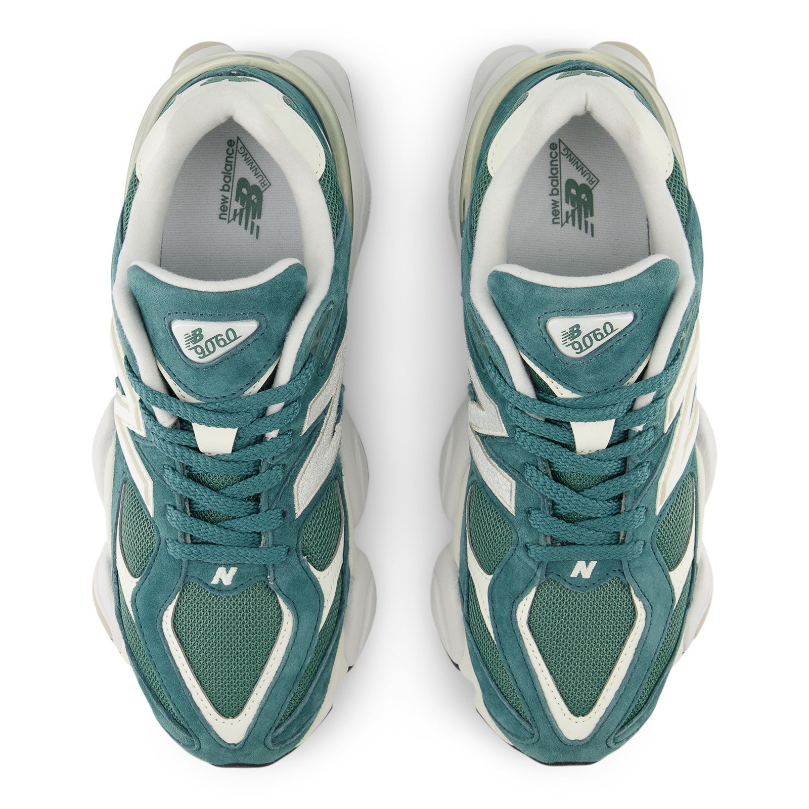 New Balance teal and white sneakers top view, mesh and suede footwear design