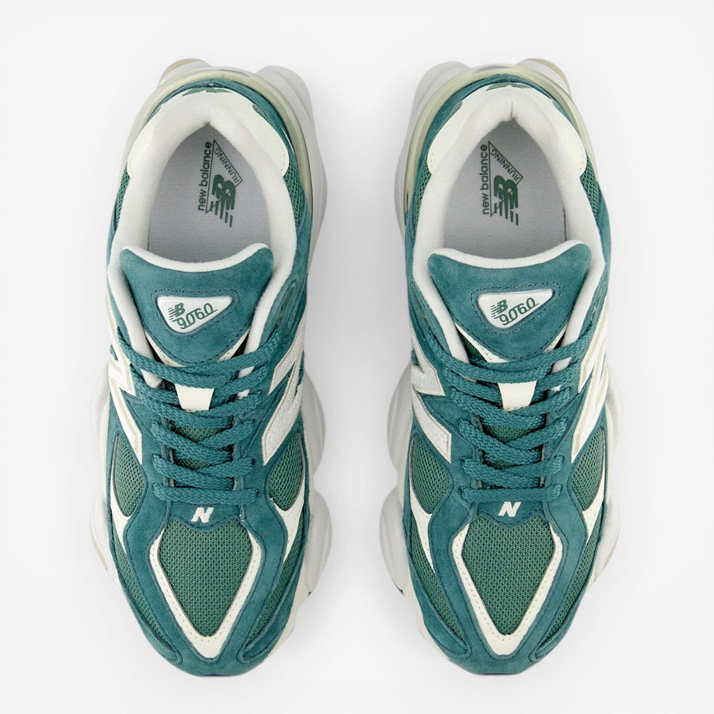 New Balance teal and white sneakers top view, mesh and suede footwear design