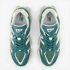 New Balance teal and white sneakers top view, mesh and suede footwear design