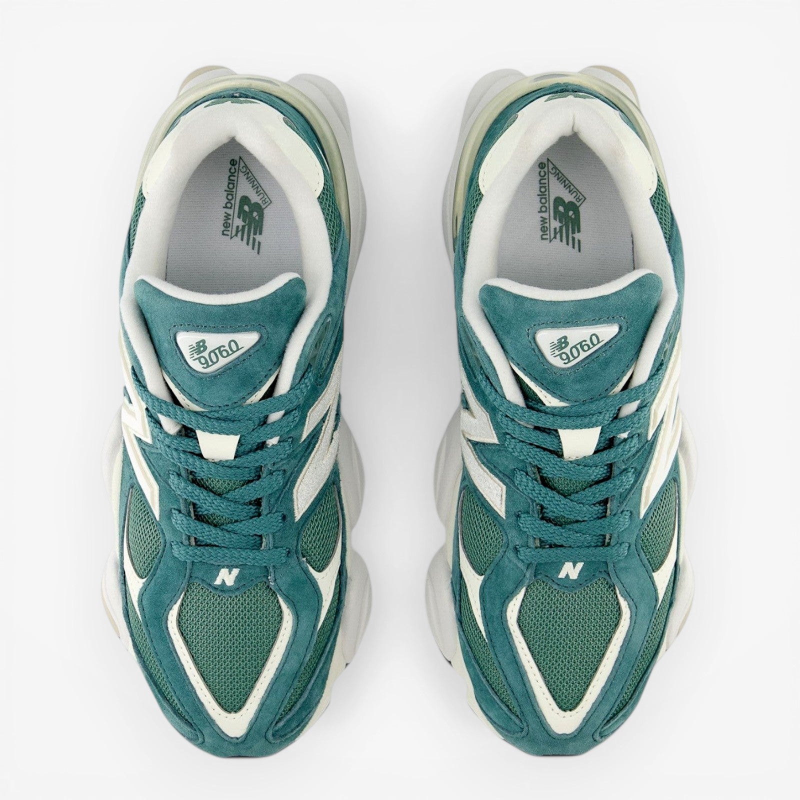New Balance teal and white sneakers top view, mesh and suede footwear design