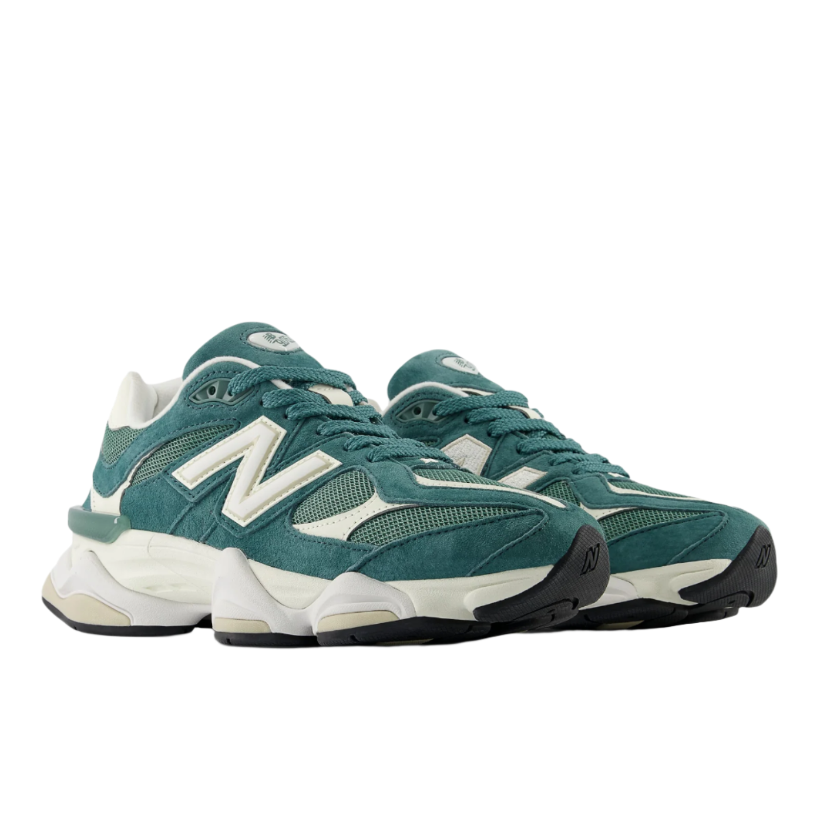 Green mesh and suede New Balance sneakers with white logo, modern chunky sole, footwear