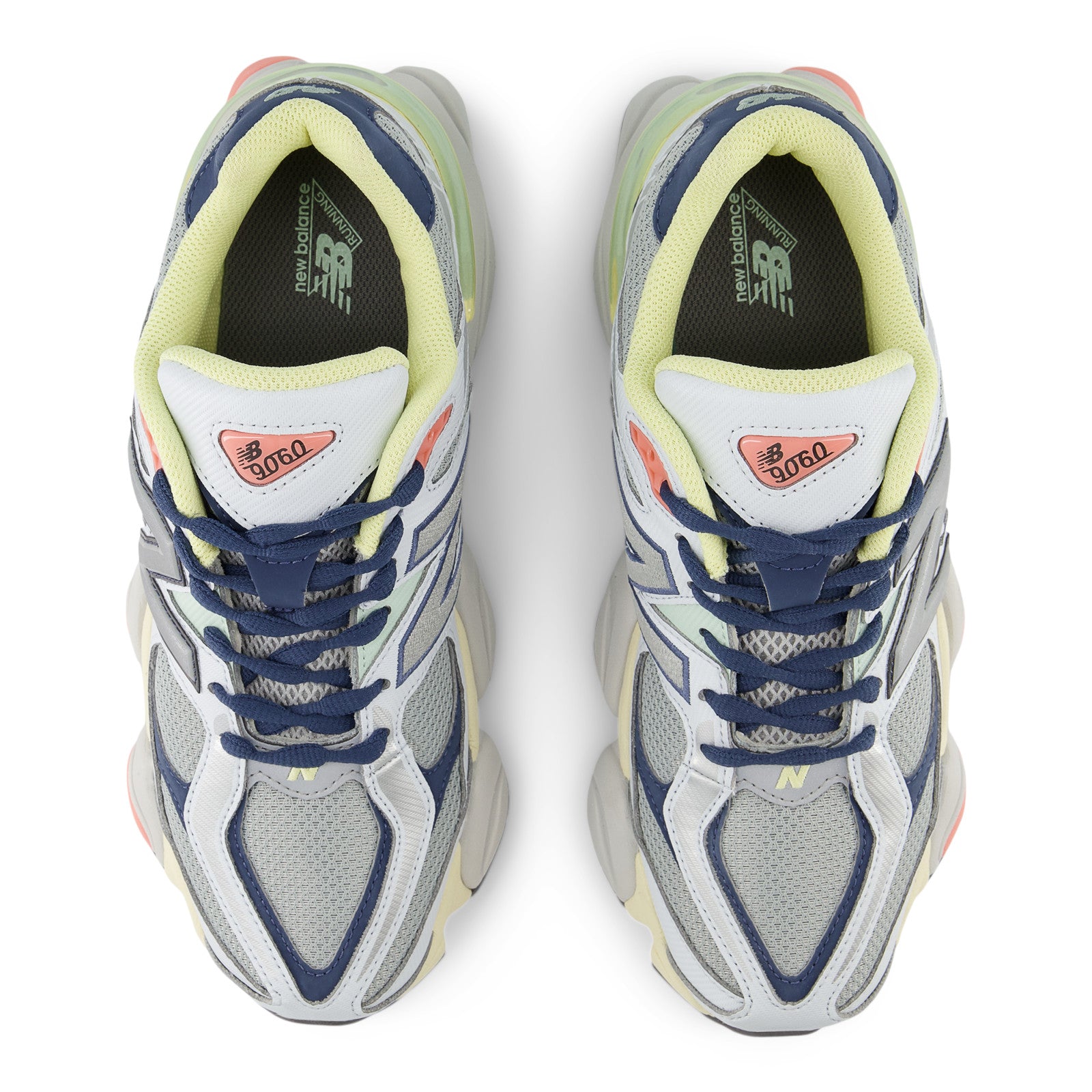 New Balance sneakers in blue, grey, and yellow with mesh upper, viewed from above