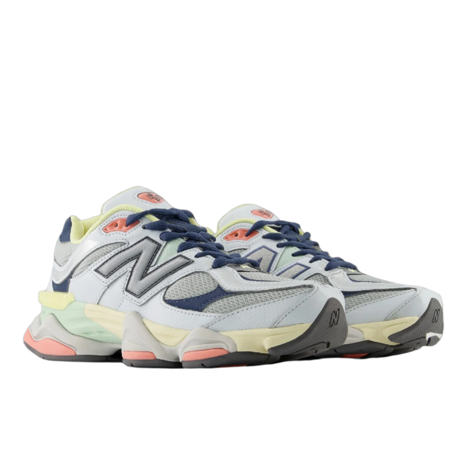 new balance sneakers in grey, navy, and pastel with mesh and suede panels, lifestyle footwear