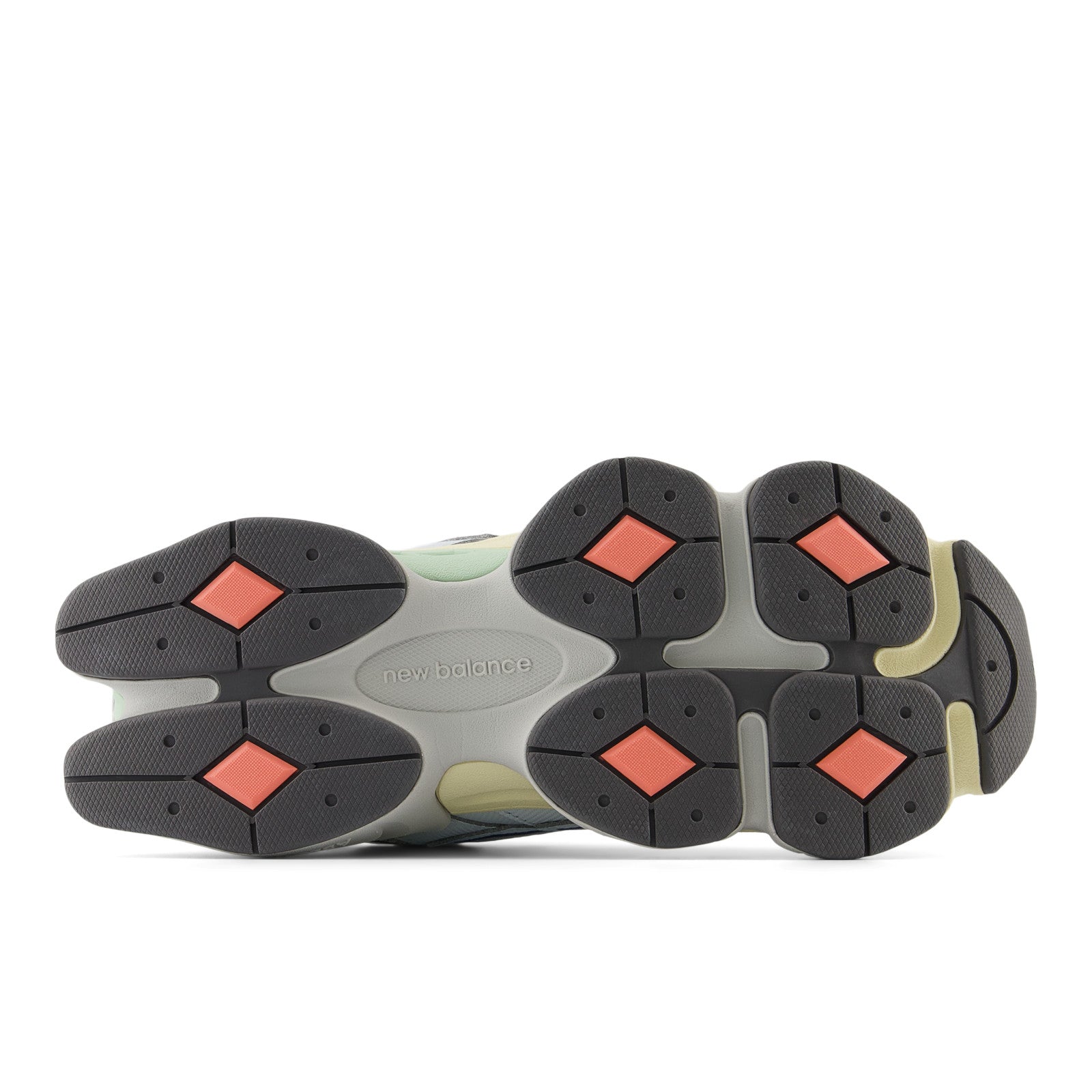 new balance sneaker outsole with black, grey, and orange tread, footwear detail