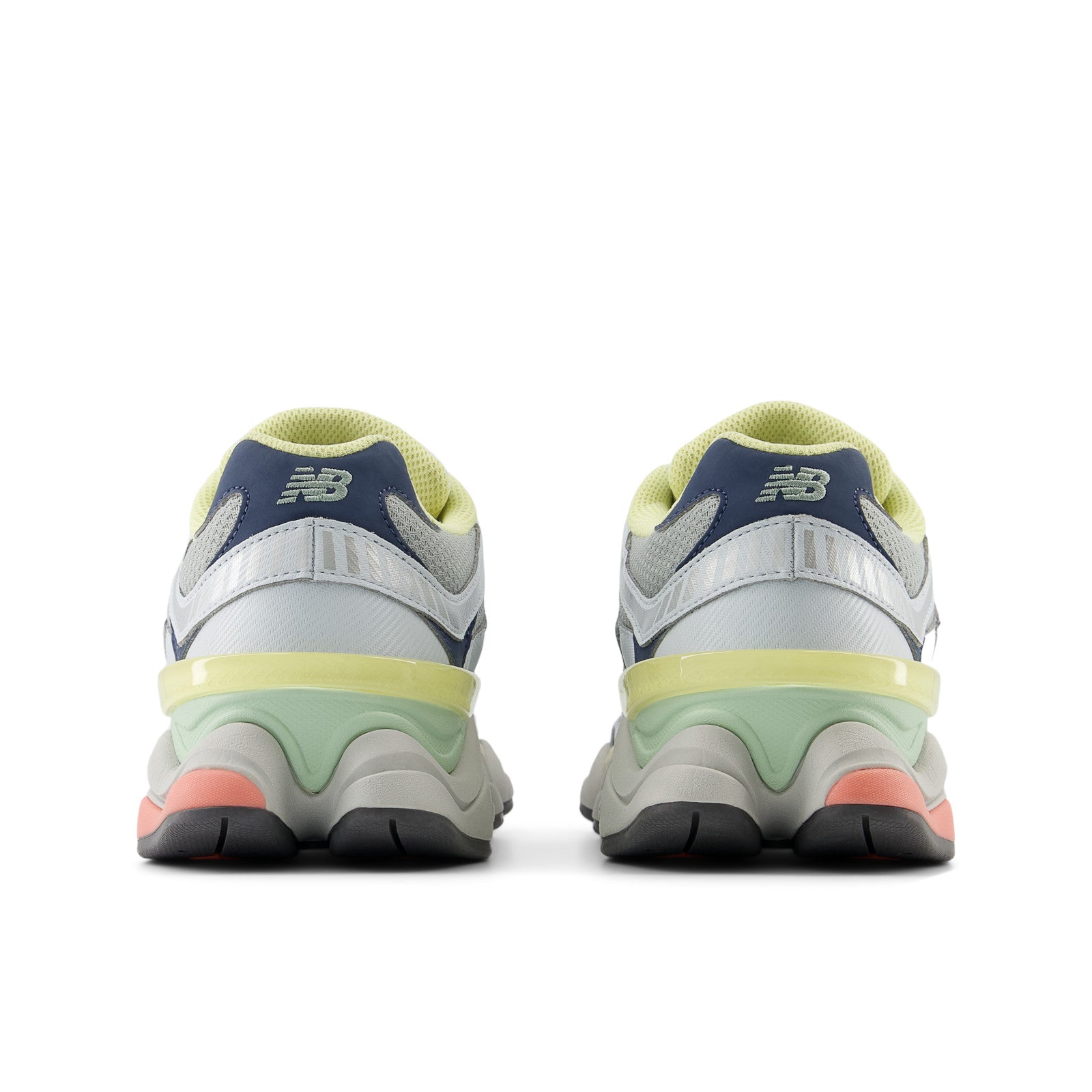 New Balance sneakers rear view, pastel color accents, mesh and leather footwear