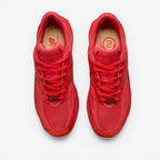 Red New Balance sneakers top view, mesh and suede design, footwear, sneakers