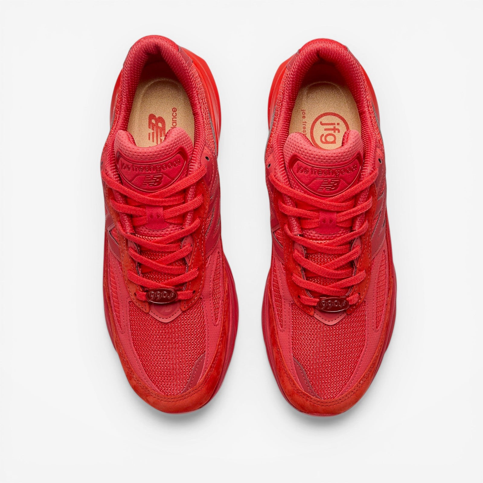 Red New Balance sneakers top view, mesh and suede design, footwear, sneakers