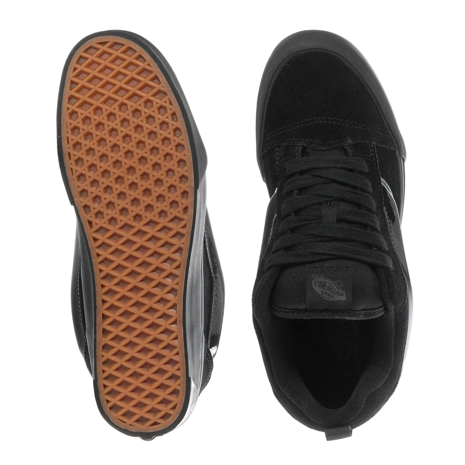 Black suede sneakers with gum waffle sole, lace-up design, top and sole view, footwear