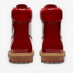 METRO Women's Timberland Premium 6-Inch red patent leather waterproof boots with padded collar and lug sole.