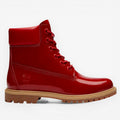 METRO Women's Timberland red patent leather waterproof 6-inch boot with lug sole and padded collar.