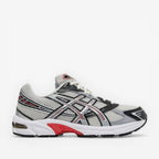 ASICS Gel-1130 smoke grey pure silver sneaker with black and red accents, mesh upper