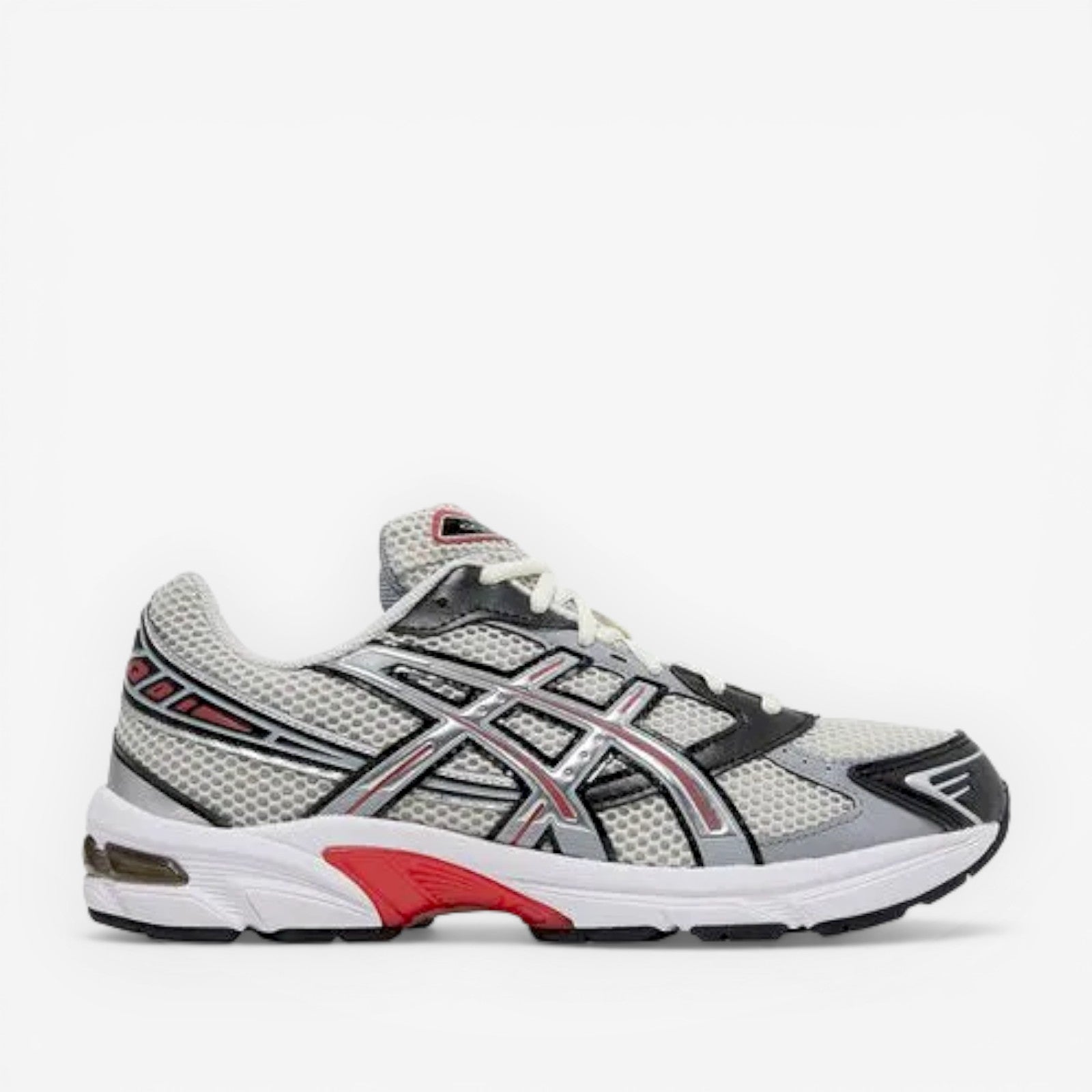 ASICS Gel-1130 smoke grey pure silver sneaker with black and red accents, mesh upper