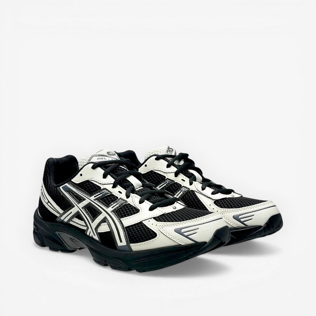 ASICS black and white sneakers, mesh and leather footwear, athletic running shoe style