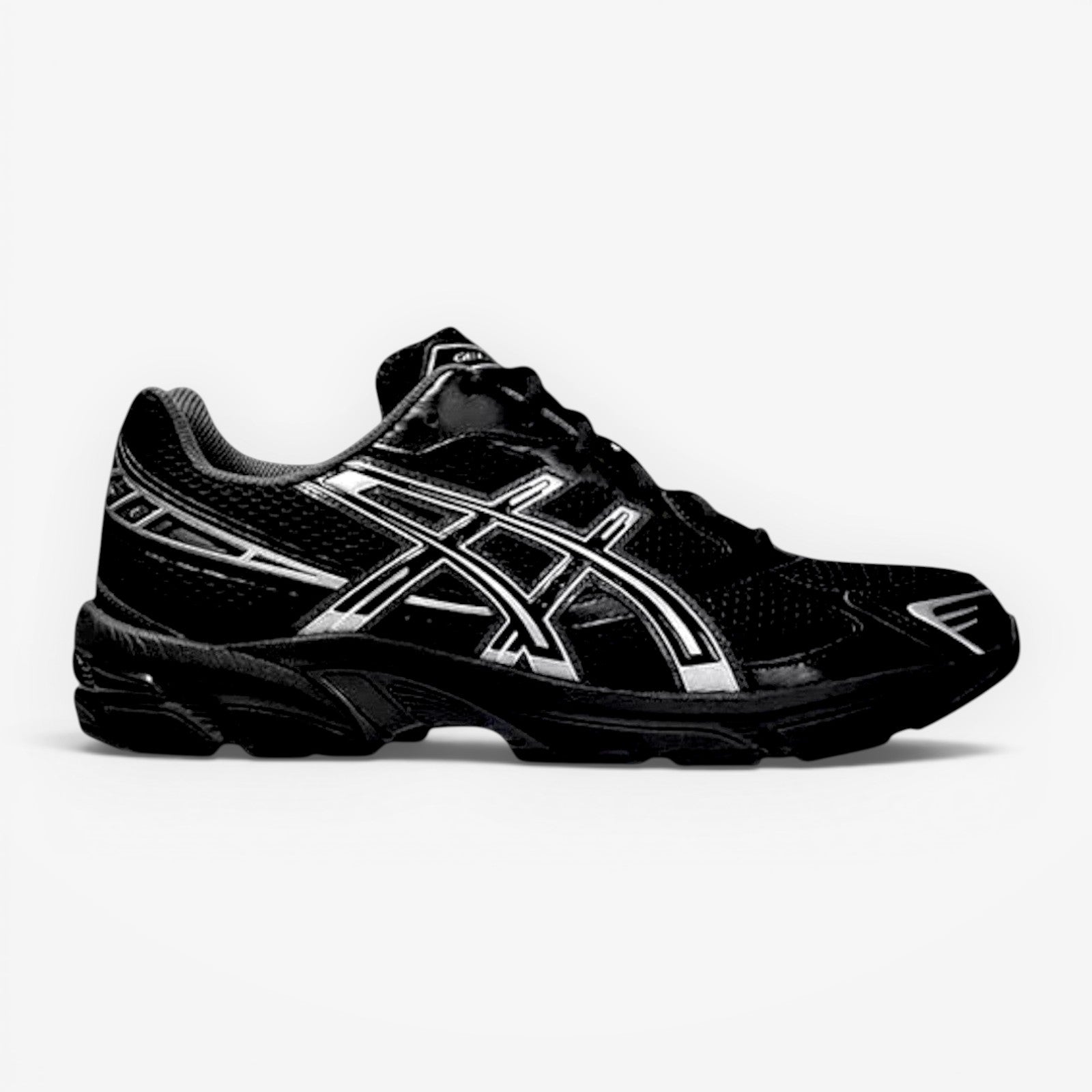 METRO ASICS GEL-1130 black and silver mesh and synthetic leather running shoes with GEL cushioning.