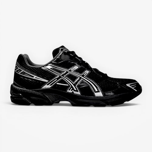 METRO ASICS GEL-1130 black and silver mesh and synthetic leather running shoes with GEL cushioning.