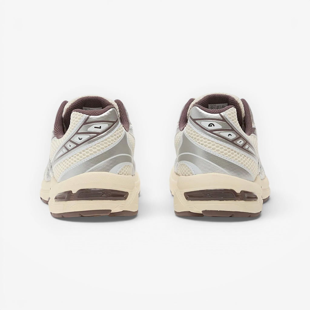 METRO ASICS GEL-1130 cream and cocoa powder mesh and leather running shoes with GEL cushioning.