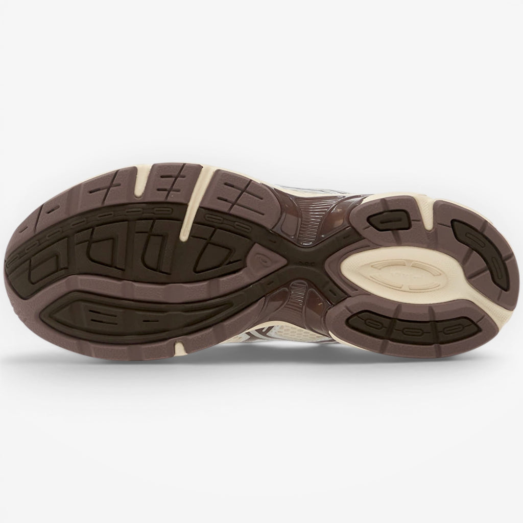METRO ASICS GEL-1130 cream and cocoa powder running shoes with mesh and leather overlays and GEL cushioning.
