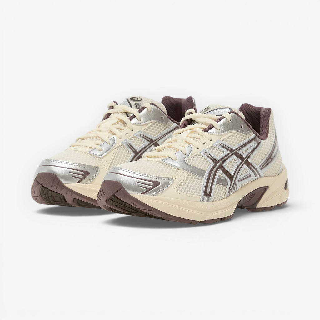 METRO ASICS GEL-1130 cream and cocoa powder mesh and synthetic leather running shoes with GEL cushioning.