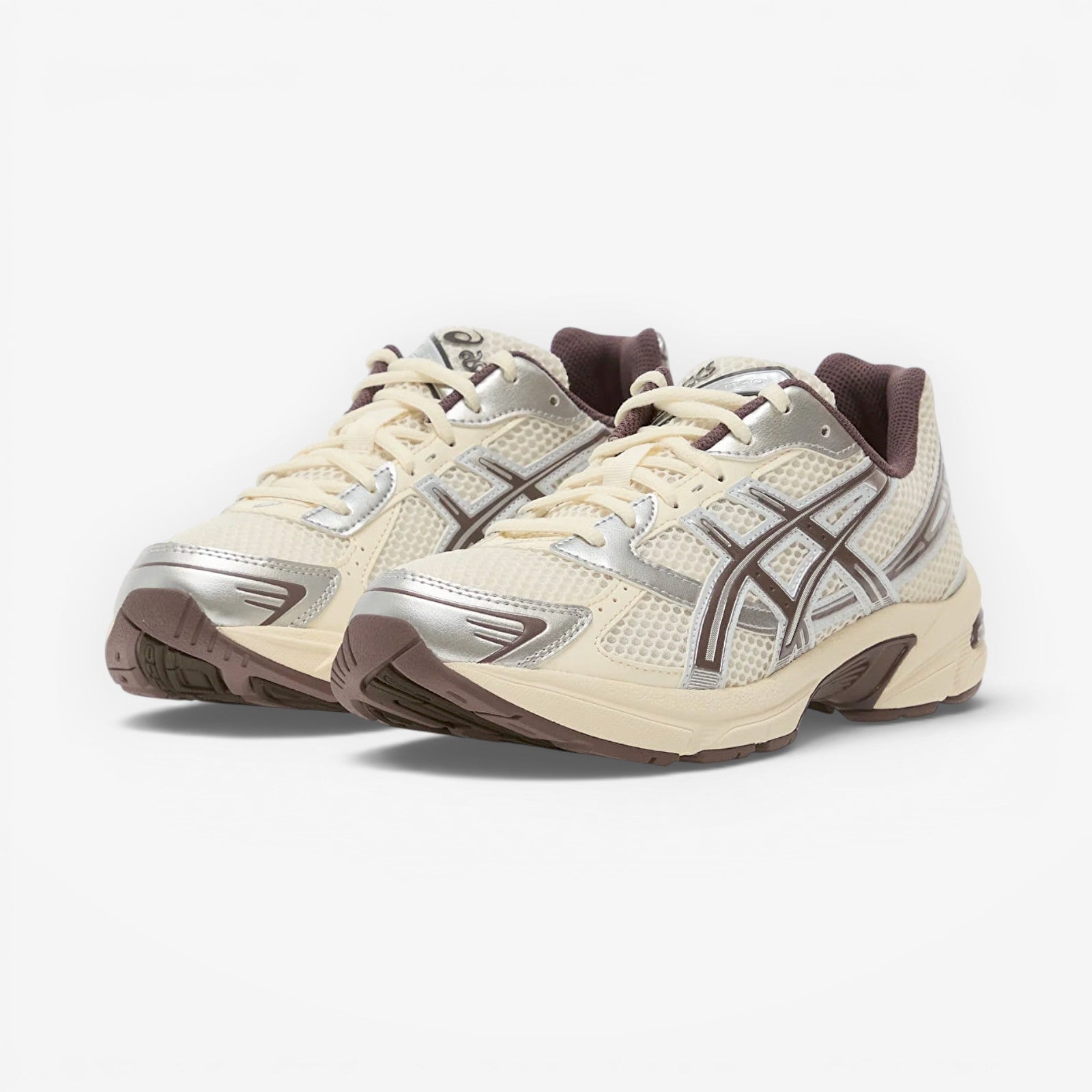 METRO ASICS GEL-1130 cream and cocoa powder mesh and synthetic leather running shoes with GEL cushioning.