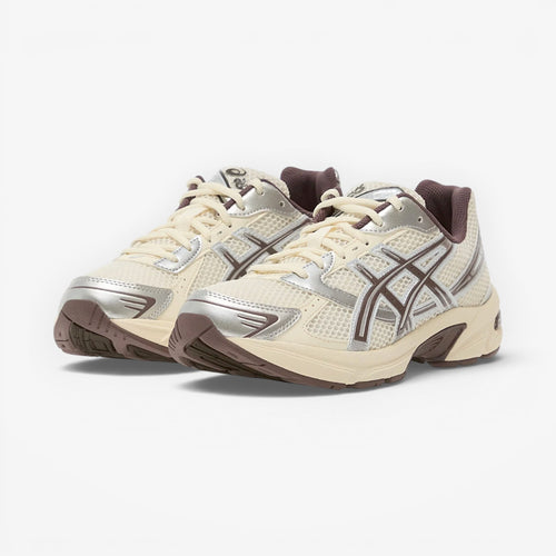 METRO ASICS GEL-1130 cream and cocoa powder mesh and synthetic leather running shoes with GEL cushioning.