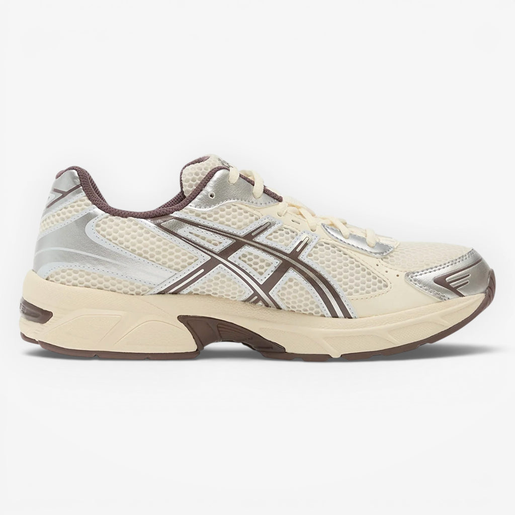 METRO ASICS GEL-1130 cream and cocoa powder mesh and leather running shoes with GEL cushioning.