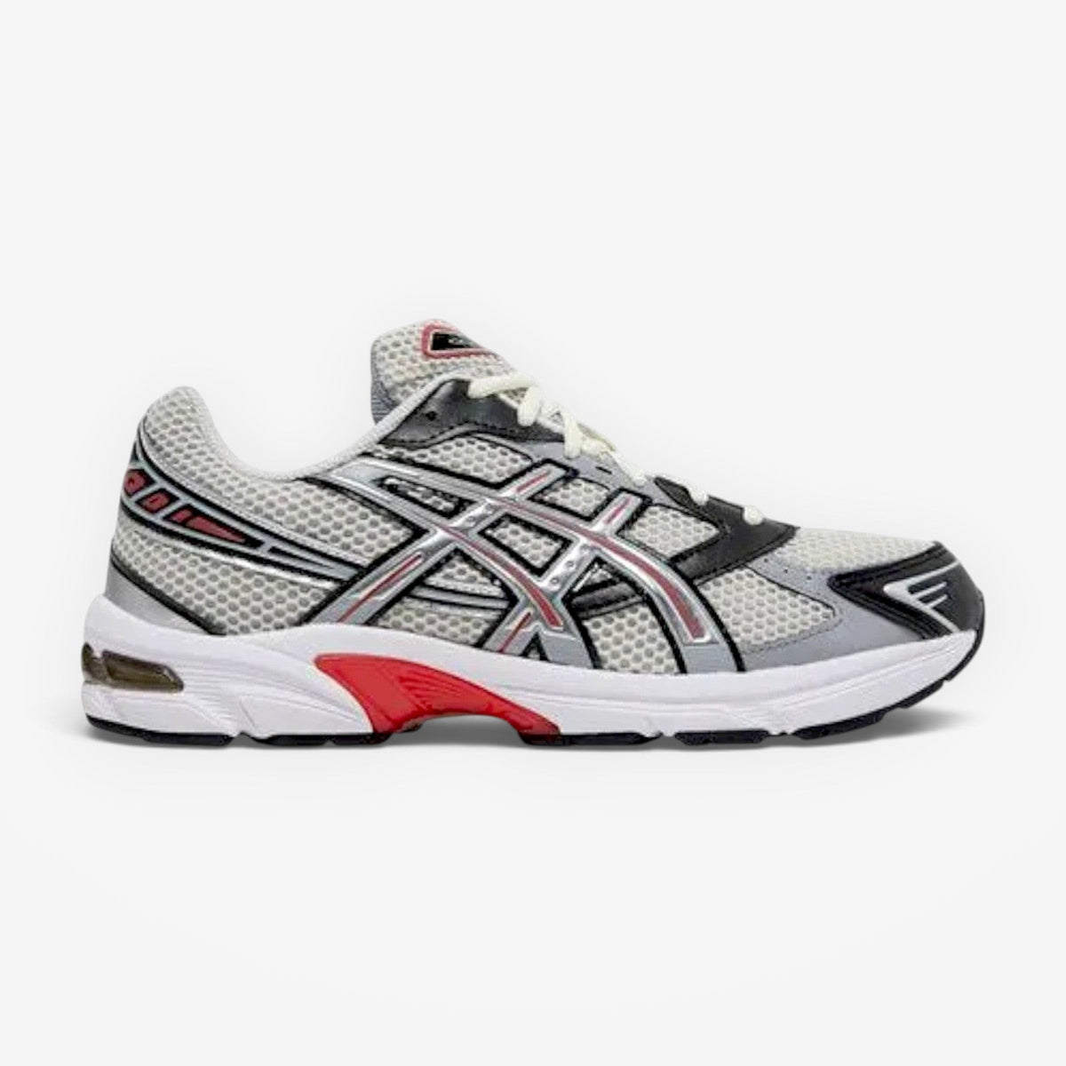 METRO ASICS GEL-1130 sneaker in smoke grey and pure silver with mesh upper, synthetic overlays, and red accents.