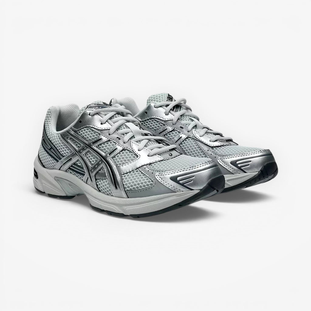 METRO ASICS GEL-1130 sneakers in Glacier Grey and Pure Silver with mesh and synthetic leather overlays.