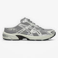 METRO ASICS GEL-1130 mule in Piedmont Grey and Pure Silver with breathable mesh, synthetic overlays, and GEL cushioning