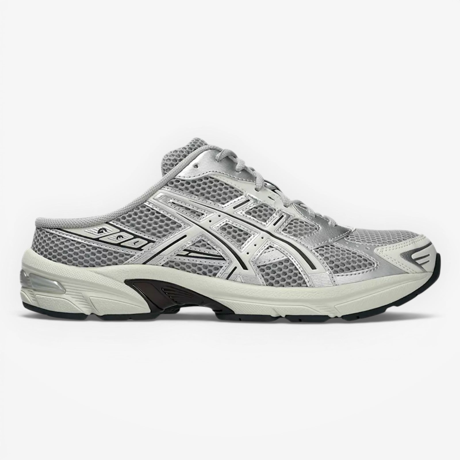 METRO ASICS GEL-1130 mule in Piedmont Grey and Pure Silver with breathable mesh, synthetic overlays, and GEL cushioning