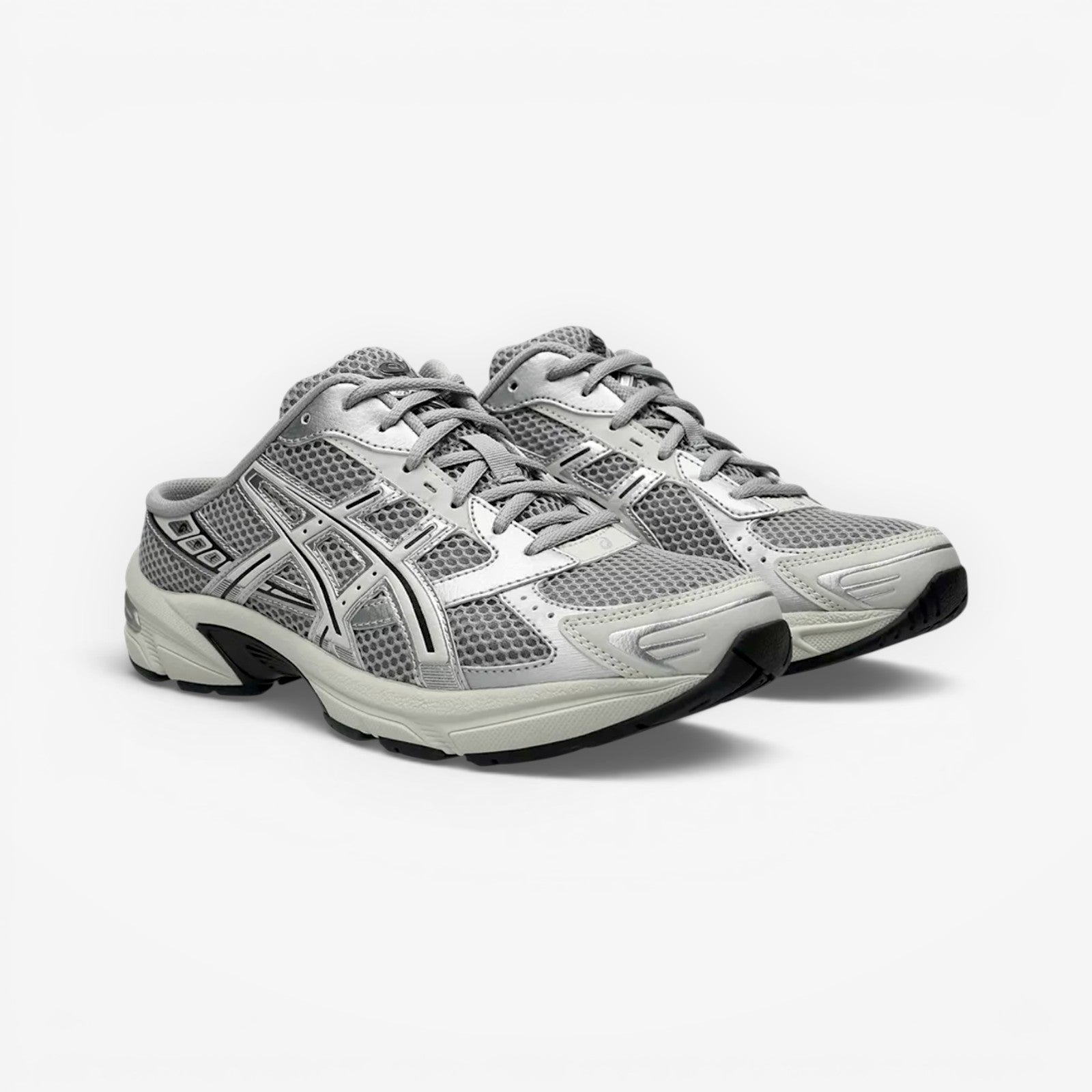METRO ASICS GEL-1130 Mule in Piedmont Grey and Pure Silver with mesh upper, synthetic overlays, and slip-on design.