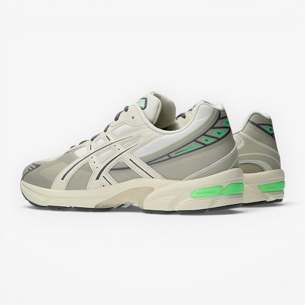 METRO ASICS GEL-1130 NS cream and carbon running shoes with green GEL cushioning and rip-stop details.