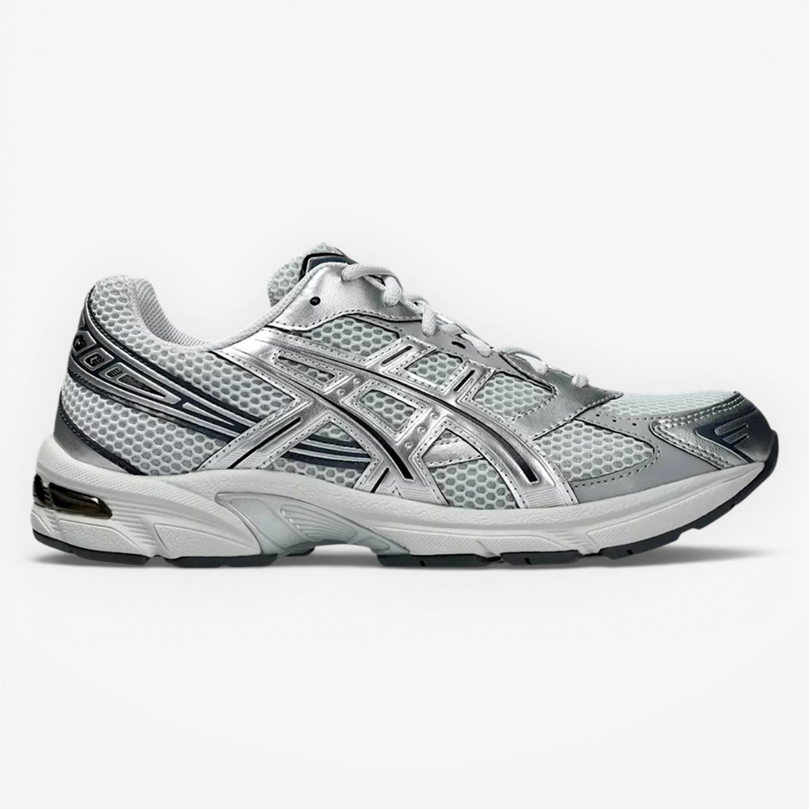 METRO ASICS GEL-1130 sneakers in Glacier Grey and Pure Silver. Mesh and synthetic leather upper with metallic accents.